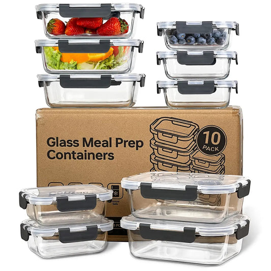 10 Pack BPA-Free Glass Food Storage Containers Leak Proof Lids