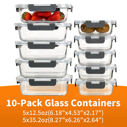 10 Pack BPA-Free Glass Food Storage Containers Leak Proof Lids