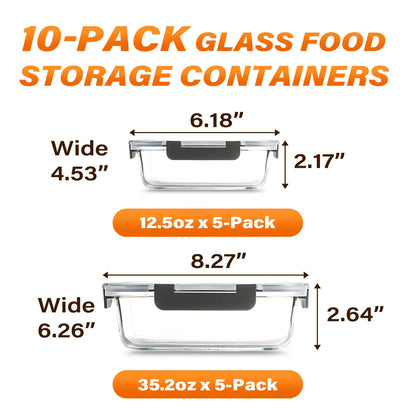 10 Pack BPA-Free Glass Food Storage Containers Leak Proof Lids