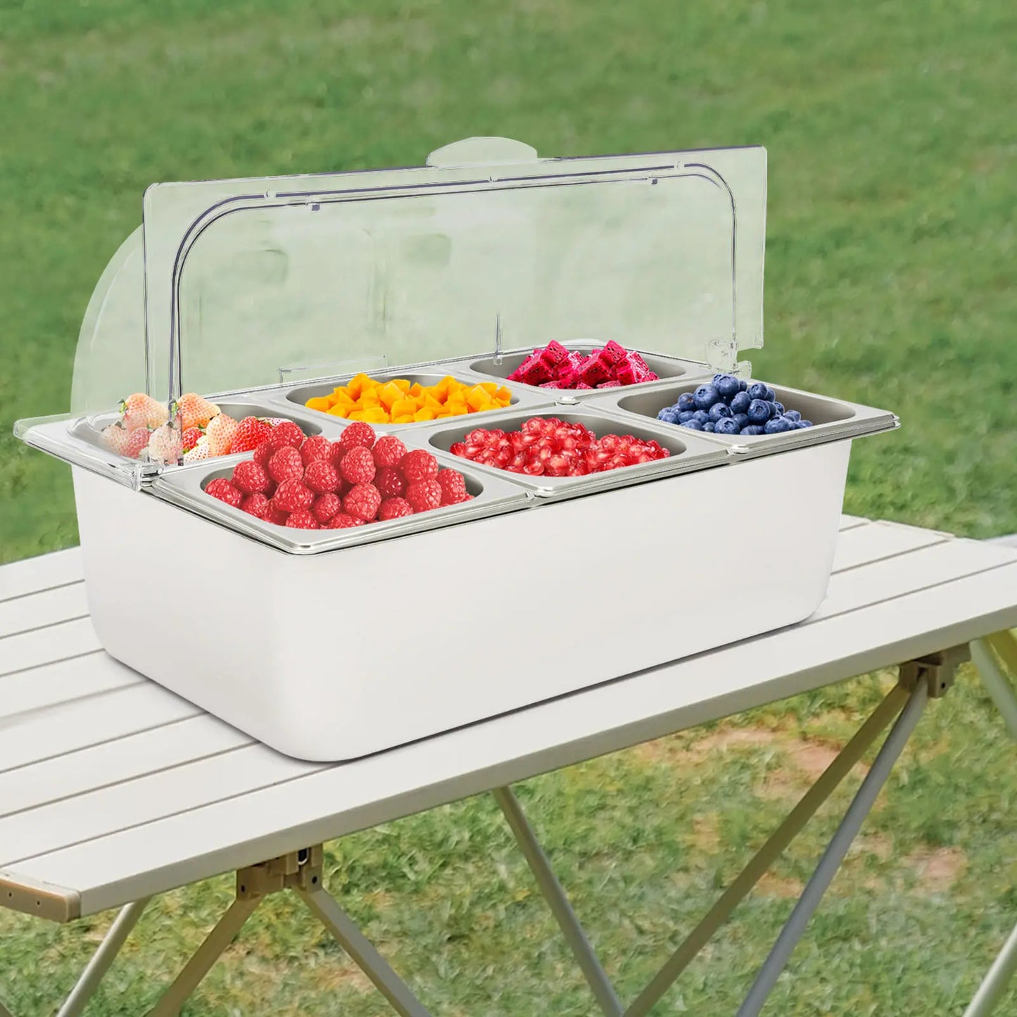 6-Pan Buffet Chafing Tray with Roll Top Clear Lid