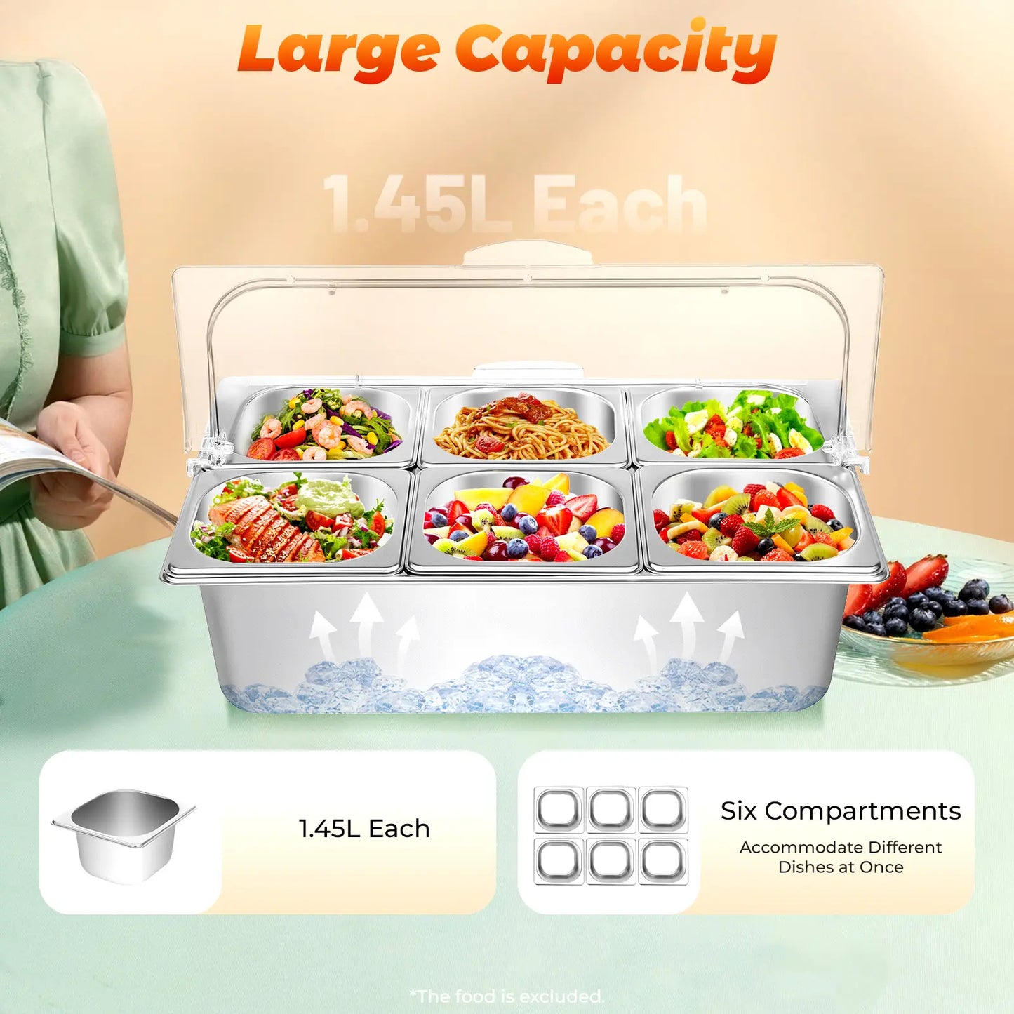 6-Pan Buffet Chafing Tray with Roll Top Clear Lid