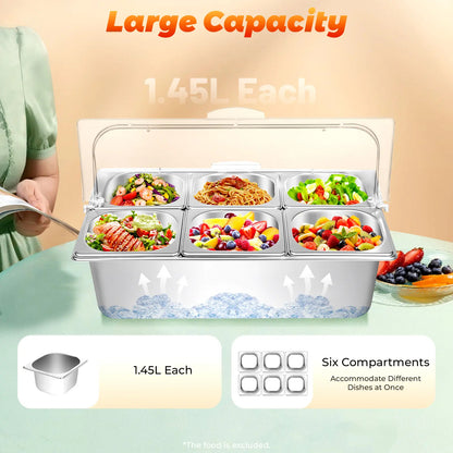 6-Pan Buffet Chafing Tray with Roll Top Clear Lid