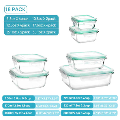 18 Pack Rectangle Glass Food Storage Containers with Airtight Lids