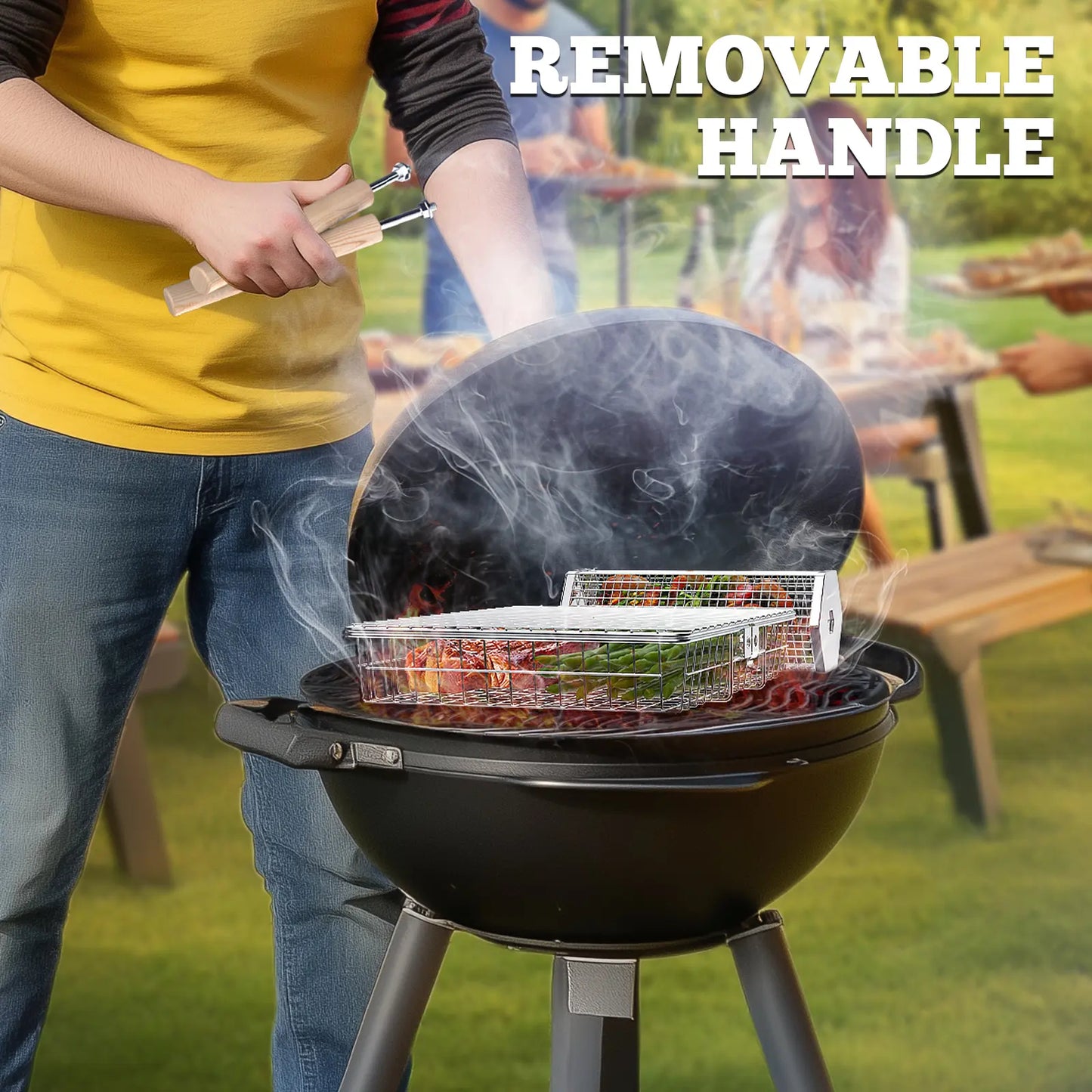 2 Pack 304 Stainless Steel BBQ Grill Baskets with Detachable Wood Handles