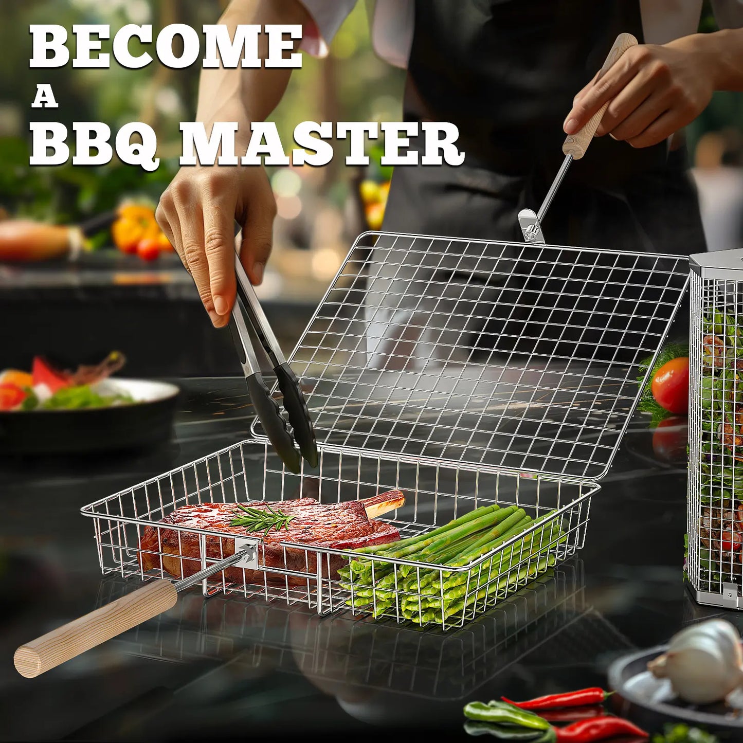 2 Pack 304 Stainless Steel BBQ Grill Baskets with Detachable Wood Handles