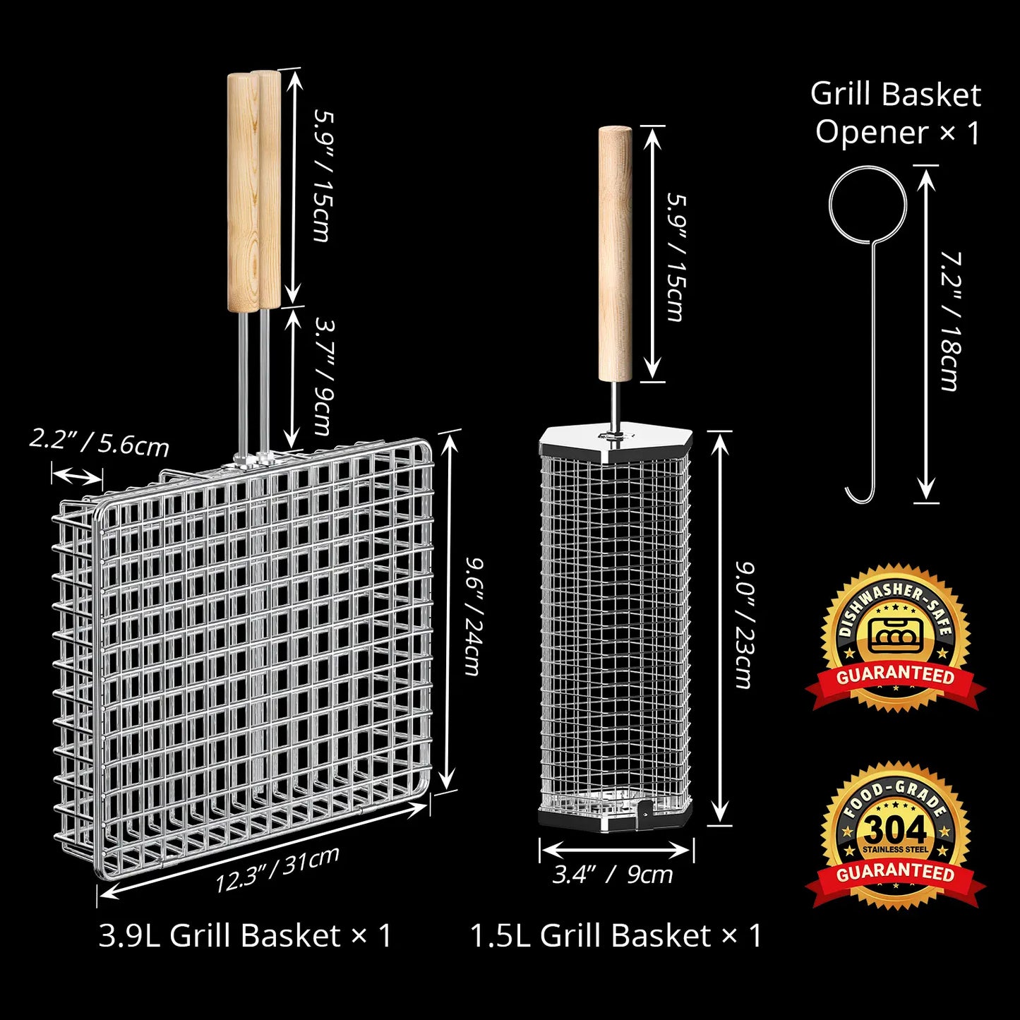 2 Pack 304 Stainless Steel BBQ Grill Baskets with Detachable Wood Handles