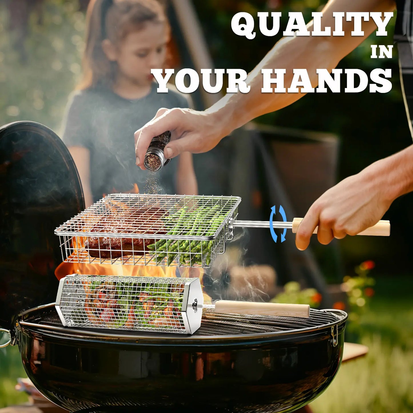 2 Pack 304 Stainless Steel BBQ Grill Baskets with Detachable Wood Handles