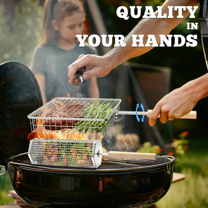 2 Pack 304 Stainless Steel BBQ Grill Baskets with Detachable Wood Handles
