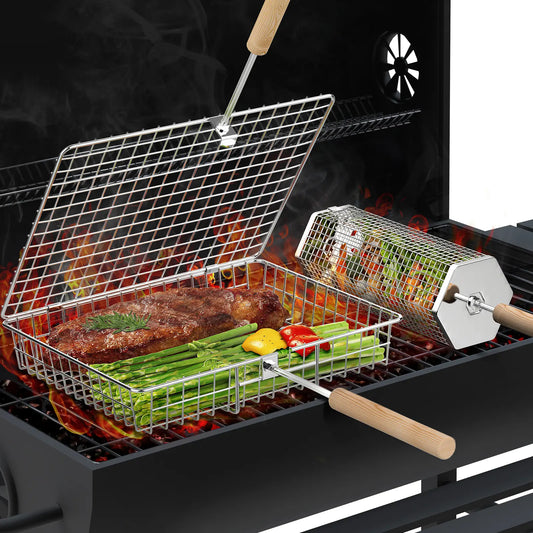 2 Pack 304 Stainless Steel BBQ Grill Baskets with Detachable Wood Handles