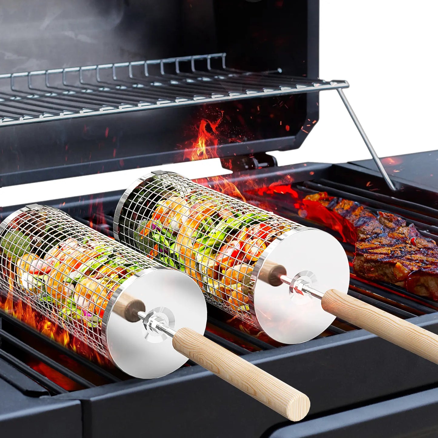 2 Pack 304 Stainless Steel BBQ Grill Baskets with Detachable Wood Handles