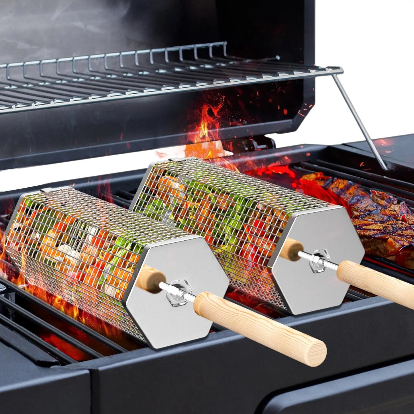 2 Pack 304 Stainless Steel BBQ Grill Baskets with Detachable Wood Handles