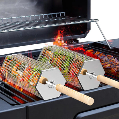 2 Pack 304 Stainless Steel BBQ Grill Baskets with Detachable Wood Handles